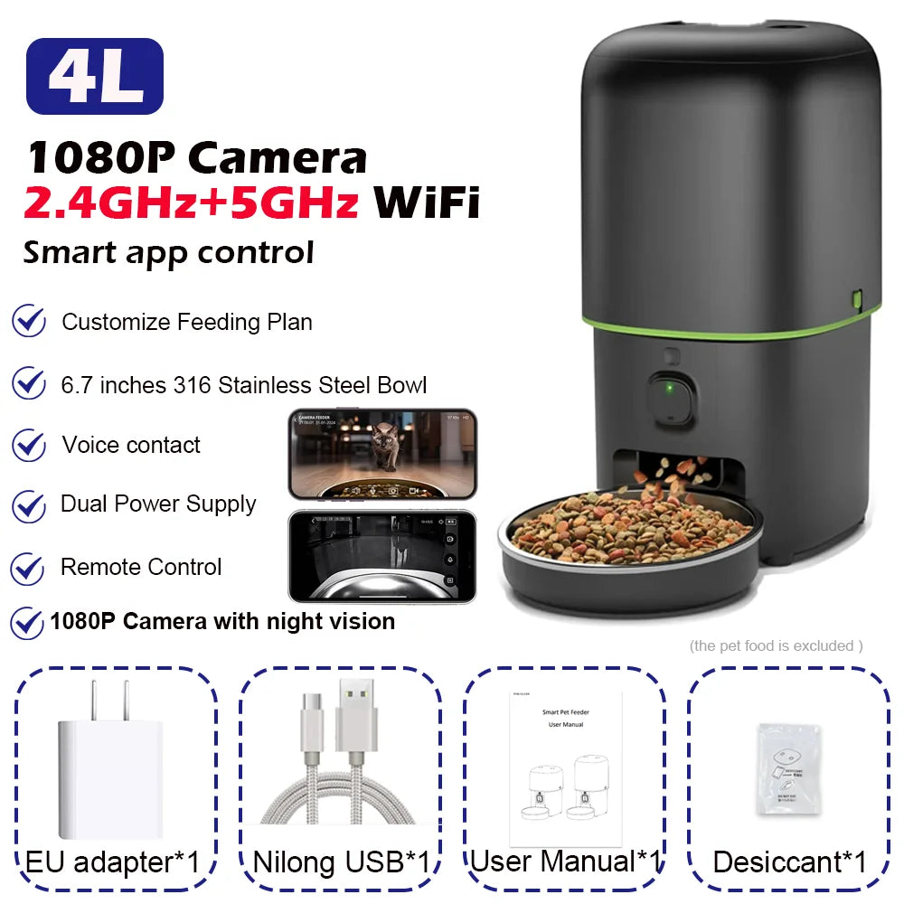 Distributeur automatique de croquettes pour chat avec caméra, distributeur intelligent de nourriture pour animaux de compagnie, WiFi 2.4G/5G, contrôle via l'application Tuya, accessoires pour chats et chiens