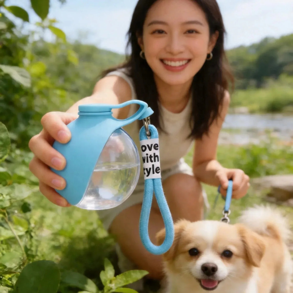 Bouteille d'eau 2-en-1 portable pour chiens avec écuelle pliable intégrée, idéale pour les promenades en extérieur, la randonnée, les voyages, hydratation compacte