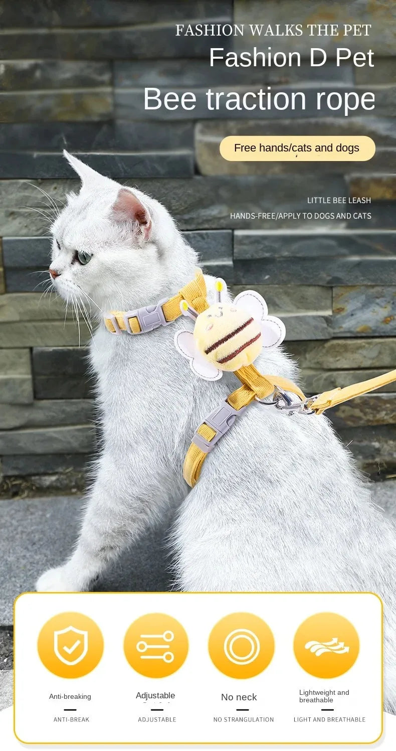 Ensemble harnais et laisse pour chat, collier réglable motif abeille dessin animé, harnais double épaisseur pour chien de petite et moyenne taille, collier et laisse pour promenade en extérieur