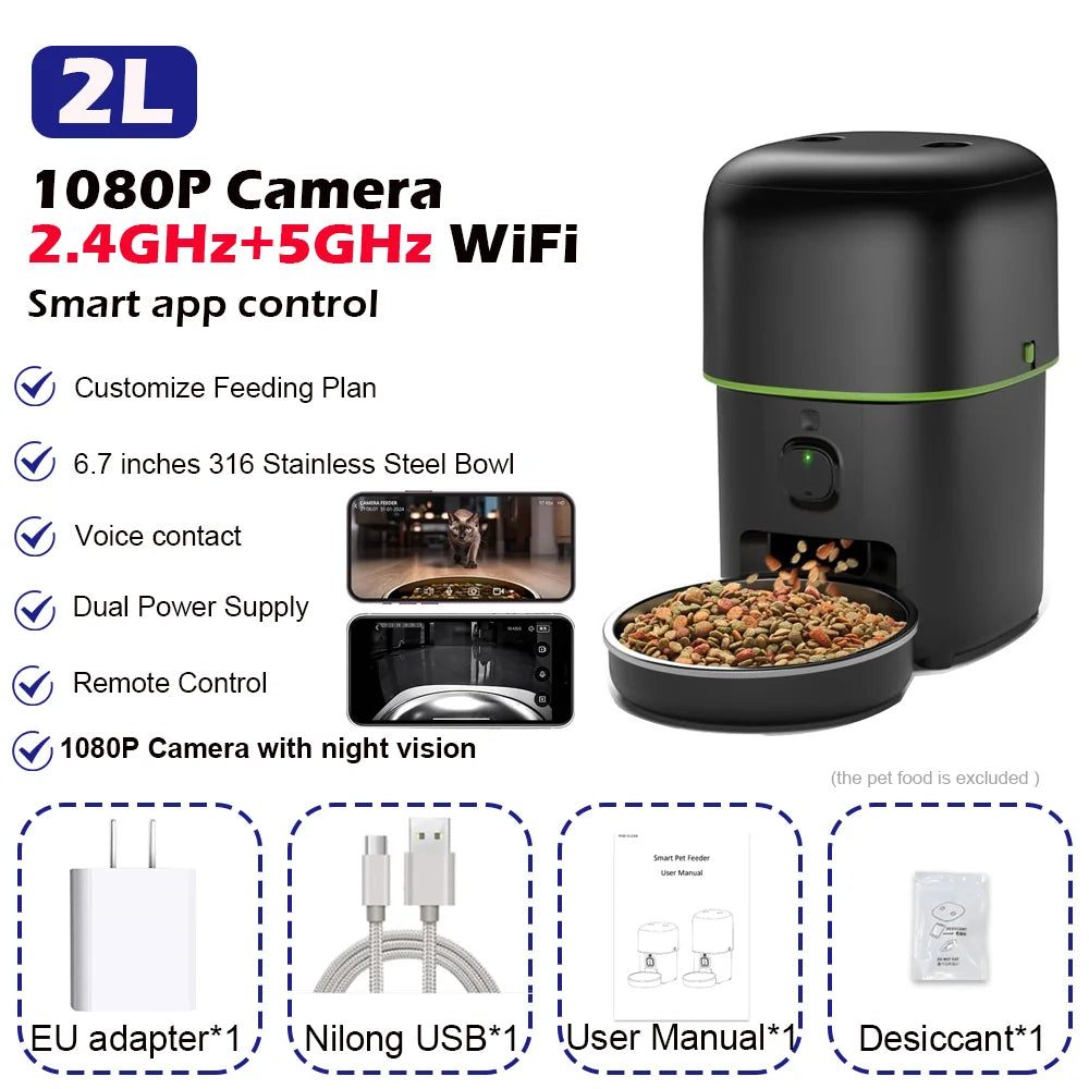 Distributeur automatique de croquettes pour chat avec caméra, distributeur intelligent de nourriture pour animaux de compagnie, WiFi 2.4G/5G, contrôle via l'application Tuya, accessoires pour chats et chiens
