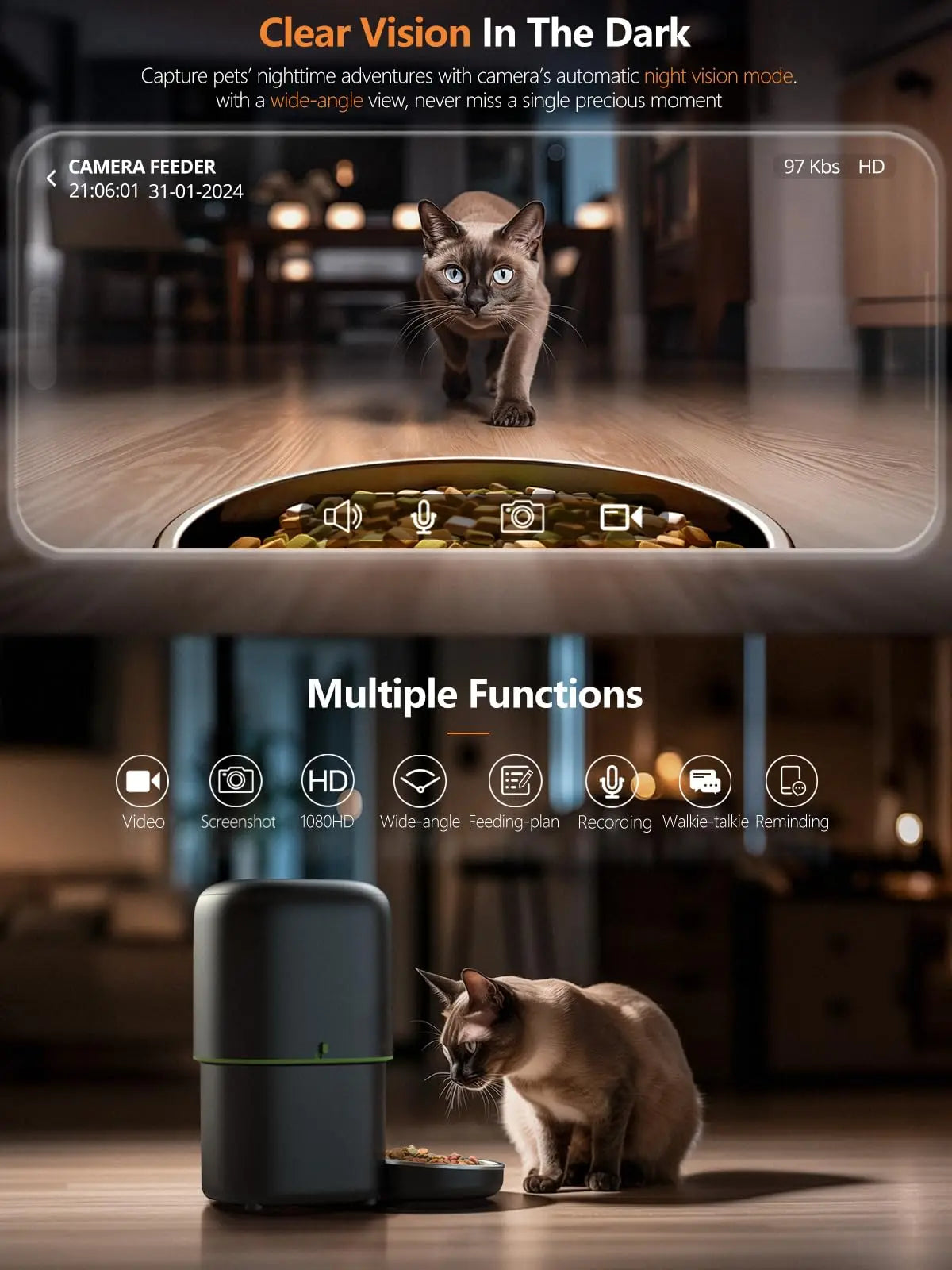 Distributeur automatique de croquettes pour chat avec caméra, distributeur intelligent de nourriture pour animaux de compagnie, WiFi 2.4G/5G, contrôle via l'application Tuya, accessoires pour chats et chiens